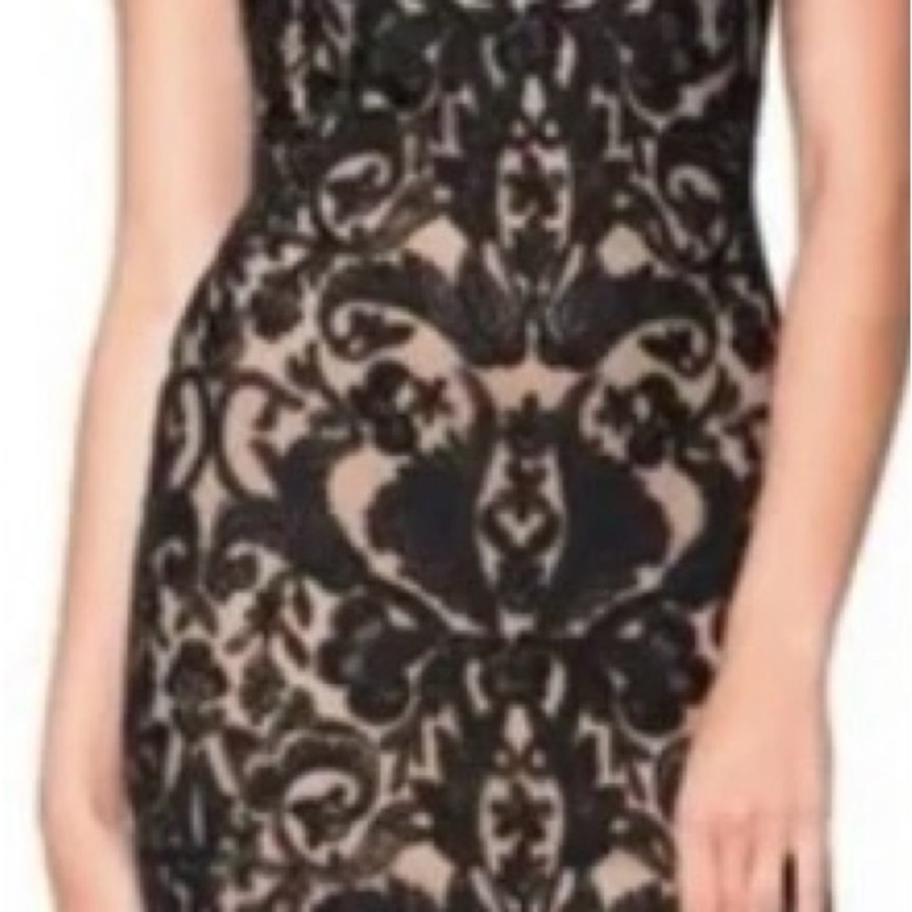 Tadashi Shoji Black and Tan Bodycon Sweetheart Cocktail Dress